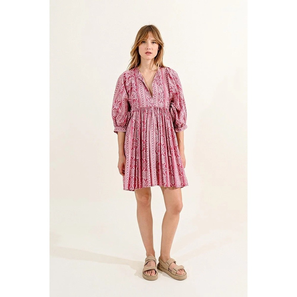 Molly Bracken Pink Block Print Cotton Babydoll Mini Dress ZR139CE Size M